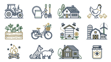 Dynamic Rustic Farm Life Featuring Vintage Tractor Gardening Tools Chicken Coop Vegetables Bicycle Beehive Barn Wind Turbine Campfire Sheep Dog and Honey Jar © iwan
