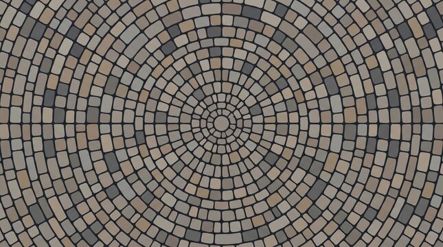 Circular Radial Cobblestone Plaza Texture Background in Seamless Flat Vector Style with Concentric Stone Arrangement and Solid Neutral Earth Colors