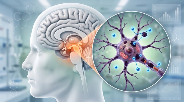 Human brain with neural network damage highlighted in 3D medical illustration. Transparent head showing neurological injury and neuron connections...