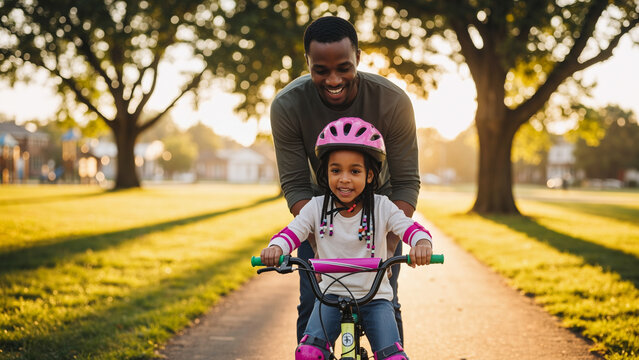 African american man teaching young girl to ride bicycle in park. Happy dad and daughter enjoying outdoor activity and family time.
