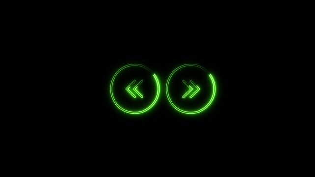 Animated green neon fast forward and rewind media player buttons on black background, loop-able motion graphic video icon for media controls, video player, and audio interface.