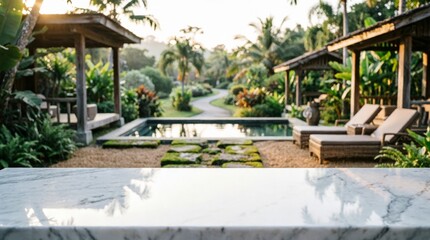 Fototapeta premium Luxury Tropical Garden with Pool and Lounge Chairs for Resort Design