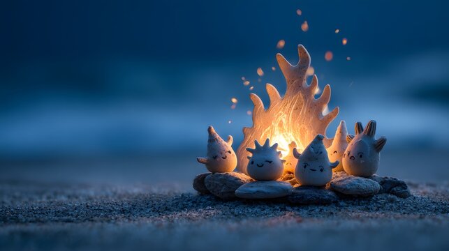 Miniature clay campfire with happy glowing flames