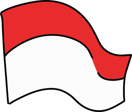 Hand drawn waving Indonesian flag vector illustration. Cute red and white bendera merah putih doodle isolated on white background for HUT RI celebration.