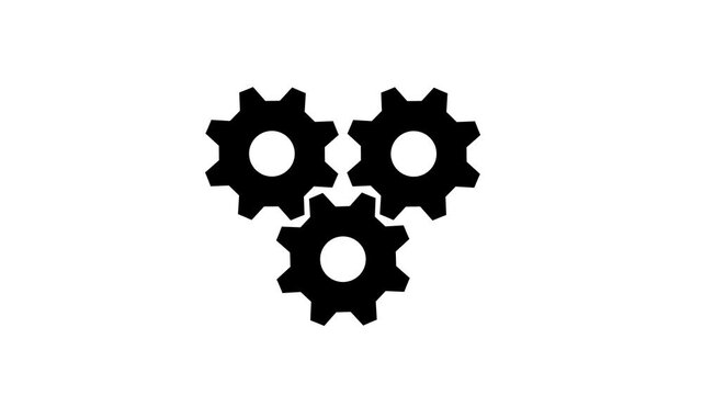 3 black gears spinning. Gears rotating animation. White color gear icon .abstract white background