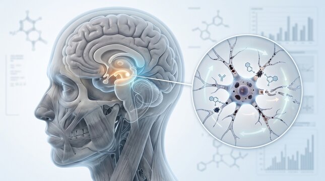 Human brain with highlighted damaged area in medical illustration. 3D anatomical neural injury concept for neurology research and healthcare educat...