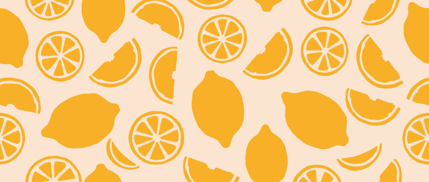 Seamless Lemon Citrus Fruit Repeat Pattern with Whole Sliced and Wedge Silhouettes for Summer Food Packaging Textile Kitchen Branding and Tropical Surface Design Use