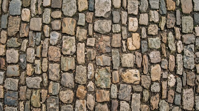Realistic Top Down Old Granite Cobblestone Pavement Texture Background with Narrow Irregular Stone Rows, Weathered Earth Tones, Dark Joints, and Full Frame Rustic Street Surface