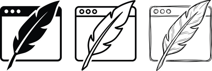 Browser window with feather quill pen icon set in multiple graphic styles blogging internet illustration creative software interface technology © Jannatul Ferdous