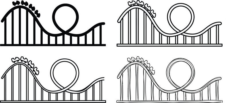 Roller coaster set in different vector styles including solid and line art designs with rollercoaster attraction amusement carnival entertainment