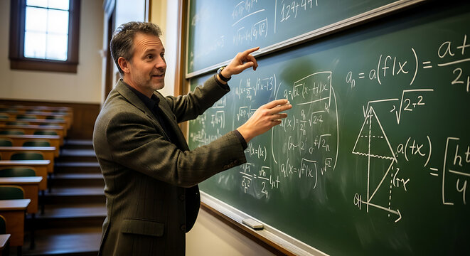 Enthusiastic male professor explaining complex geometry formulas on green chalkboard