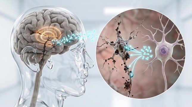 3D medical illustration of brain neural network activation. Digital rendering showing deep brain stimulation and cognitive function pathways.