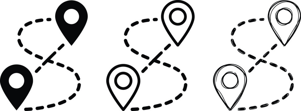 Navigation map pin location icons with dotted route path location navigation direction destination tracking waypoint position mapmarker