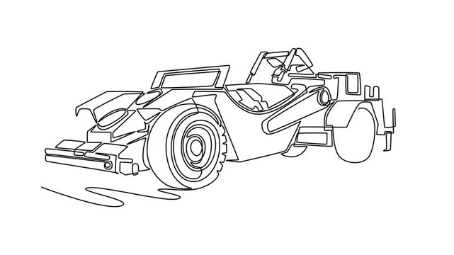Animated self drawing of continuous line draw underground mining vehicle, showcasing its rugged mechanical body and heavy wheels used in site subterranean excavations. Full length one line animation