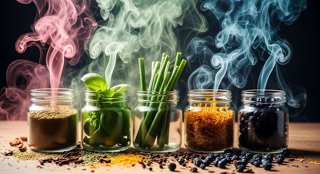 Colorful smoke billows from jars of herbs and spices on a wooden surface
