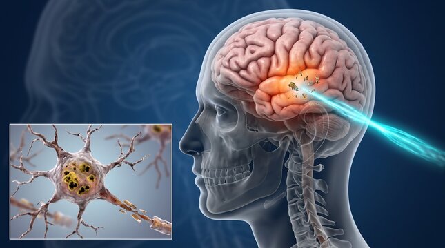 3D medical illustration of brain neural activity and deep brain stimulation. High-resolution digital render showing cognitive function and neurotec...