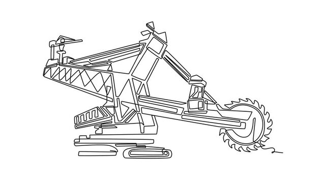 Animated self drawing of continuous line draw a massive bucket wheel excavator mining machine. Large rotating cutting wheel, crawler tracks used in open-pit operations. Full length one line animation
