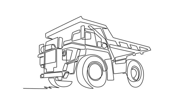 Animated self drawing of continuous line draw a massive industrial mining construction dump truck, highlighting its giant wheels and powerful cabin from low angle view. Full length one line animation