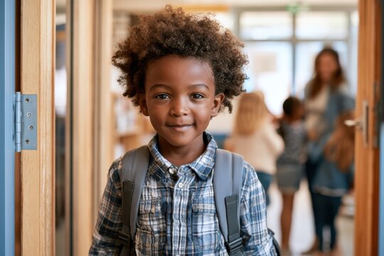Happy School Child Entering Classroom on First Day
