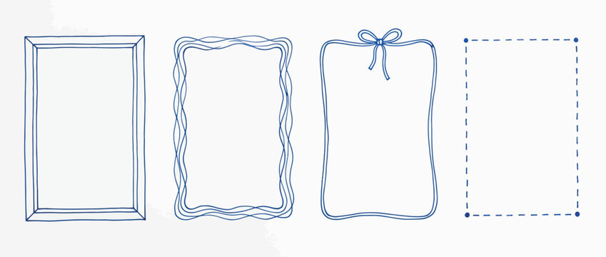 Hand Drawn Blue Ink Doodle Rectangle Frame Border Set with Double Line Zigzag Bow and Stitch Styles for Journal Stationery Social Media Stories and Scrapbook Design Use