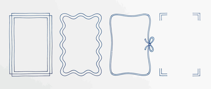 Hand Drawn Blue Ink Rectangle Frame Border Set with Double Line Wavy Rope Bow and Dashed Styles for Journal Stationery Social Media Stories Scrapbook and Planner Design