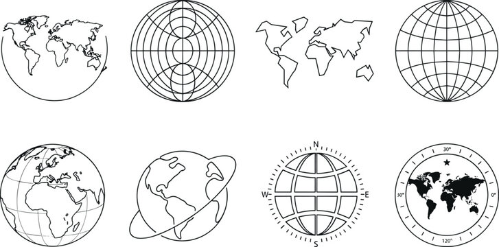 Line Icons of Globes and World Map Projections