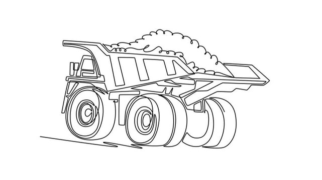 Animated self drawing of continuous line draw back view of a massive industrial mining dump truck carrying heavy load, showcasing its large wheels and mechanical build. Full length one line animation