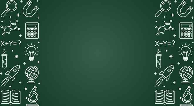 Education background with white school icons on a dark green chalkboard border for science and mathematics learning concepts