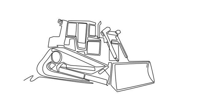Self drawing animation of single line draw industrial tracked bulldozer vehicle. Robust build, caterpillar tracks, and front blade loader from a side angle. Continuous line draw. Full length animated