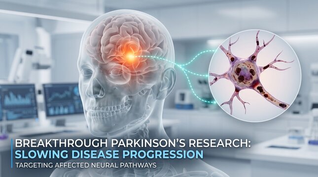 Parkinson's disease research breakthrough with neural network visualization. Advanced medical imaging showing brain activity and neuron connections...