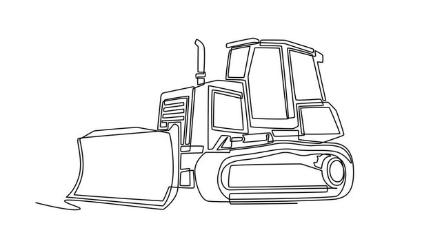 Self drawing animation of single line draw powerful industrial bulldozer truck, capturing its heavy front shovel blade and caterpillar tracks used at mining site. Continuous line. Full length animated