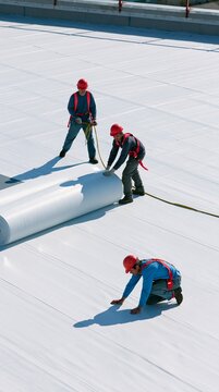 Technicians carefully rolling out a smooth rubber roof membrane on a commercial building ensuring tight bonding and seamless waterproofing under bright daylight conditions. Workers