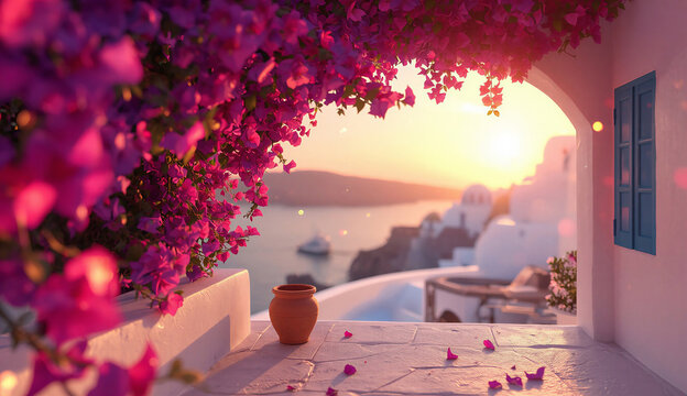 A flowery archway frames a picturesque view of the sea at sunset, with vibrant colors illuminating the sky.