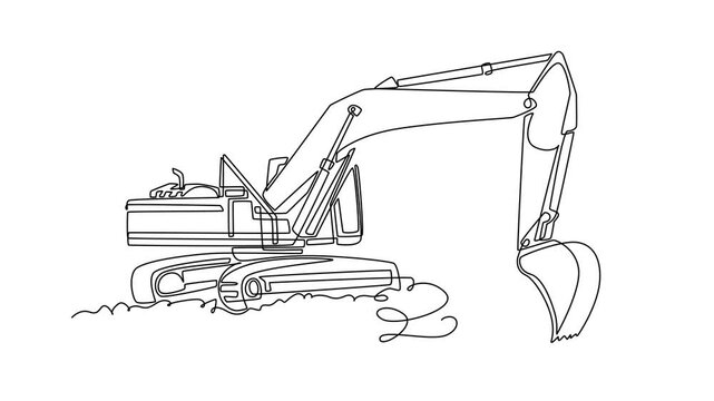 Self drawing animation of single line draw a heavy industrial crawler excavator machine working on construction site with large mechanical arm and bucket digging. Continuous line. Full length animated