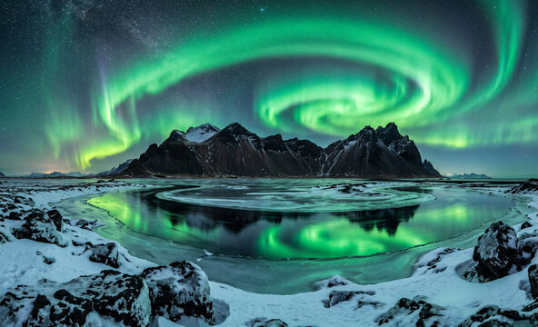 Aurora Borealis Above Icelandic Black Sand Mountains