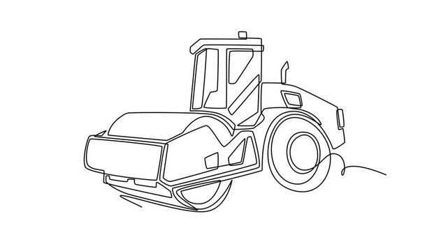 Self drawing animation of single line draw a heavy industrial road roller compactor construction truck, showcasing its massive front drum roller and wheels. Continuous line draw. Full length animated