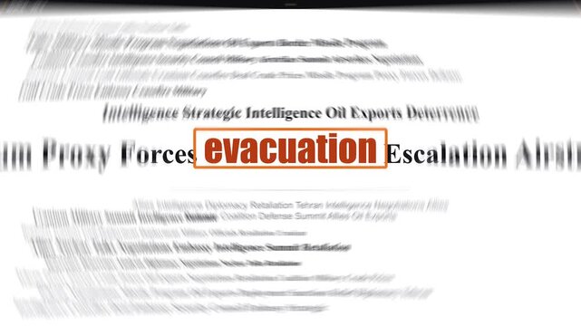Evacuation emergency news background featuring animated kinetic typography text motion graphic video with a highlighted headline scrolling through global disaster safety rescue crisis alert zone dange