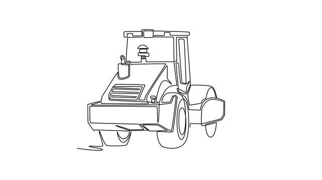 Animated self drawing of continuous line draw back view of a heavy industrial road roller compactor machine vehicle. The body and wheels used in mining construction. Full length single line animation