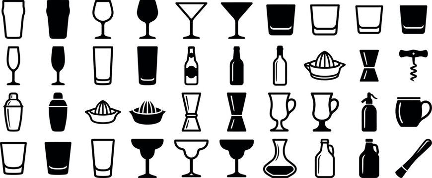 Complete Bar Glassware and Bartender Tool Icon Set with Pint Wine Martini Highball Shot Shaker Jigger Juicer Bottle and Corkscrew for Restaurant Hospitality and App Design