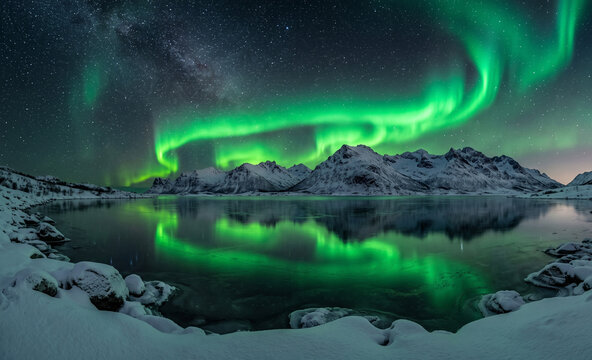 Aurora Borealis Dancing Above Frozen Arctic Lake at Midnight
