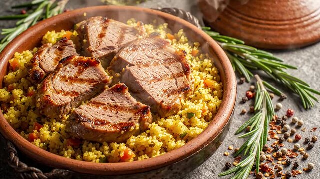 Grilled meat slices over seasoned couscous in bowl.