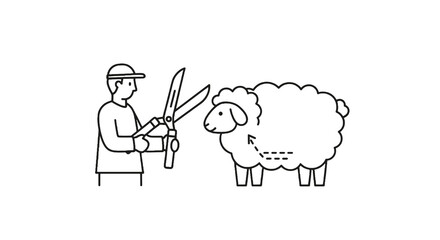 Farmer shearing wool from a sheep illustration. © Andi