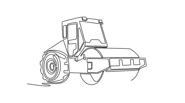 Animated self drawing of continuous line draw heavy industrial road roller compactor truck. Large cylinder drum used in heavy construction or mining site preparation. Full length single line animation