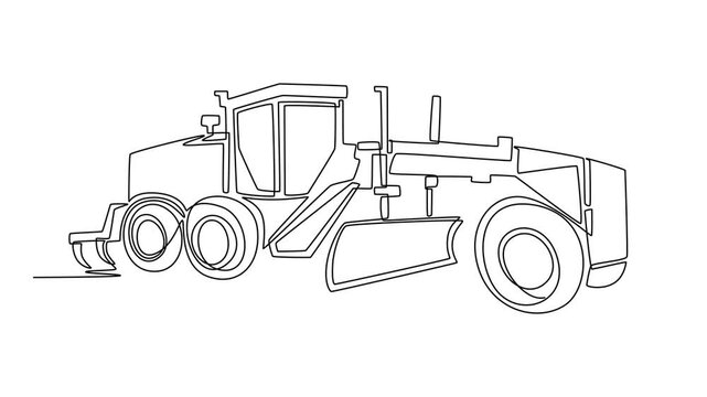 Animated self drawing of continuous line draw industrial motor grader vehicle. Mechanical parts and massive wheels for road construction and mining site preparation. Full length single line animation