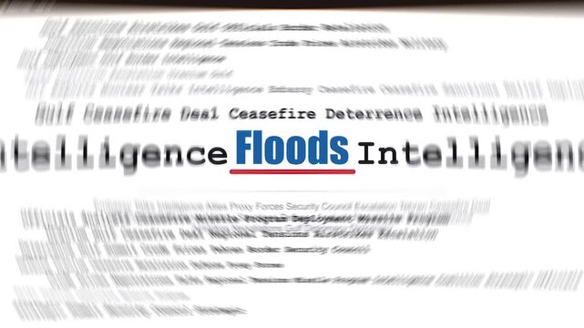 Floods disaster news background featuring animated kinetic typography text motion graphic video with a highlighted headline scrolling through global weather rain storm climate environment river water 