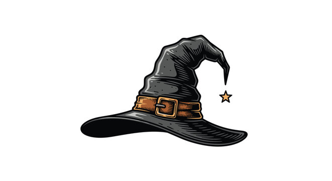Classic black witch or wizard hat with a brown leather buckle belt and a hanging golden star charm on a plain white background.