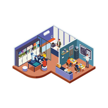 Isometric Educational Course Concept with Tutor Mentoring Students
