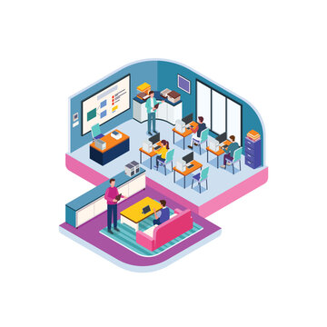 Isometric Education Concept, Classroom Lesson on Whiteboard with Students Studying