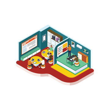 Isometric Creative Learning Space with Students Studying and Interactive Presentation Board