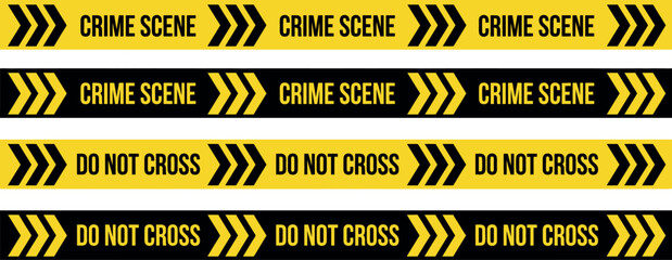 Naklejka premium Crime Scene and Do Not Cross Police Barrier Tape Banner Set in Yellow and Black with Arrow Chevron Design for Law Enforcement Editorial Safety and Halloween Graphic Design